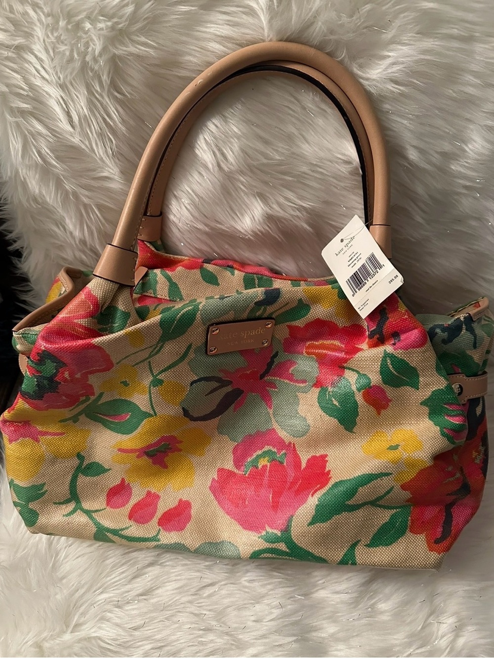kate spade Floral Canvas Shoulder Bag in Pink, Yellow & Green with Tan Handles
